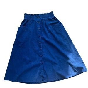 Vintage Blue Corduroy Button Front Skirt | Elastic Waist | Made in Japan | Sz 10